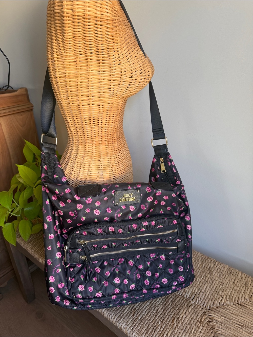 Juicy Couture Black Duffle Shoulder Bag with Pink Rose Print